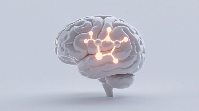 Softly lit serotonin molecular form inside a glass-like human brain, shown in futuristic minimal 3D style on a pale background - Powered by Adobe