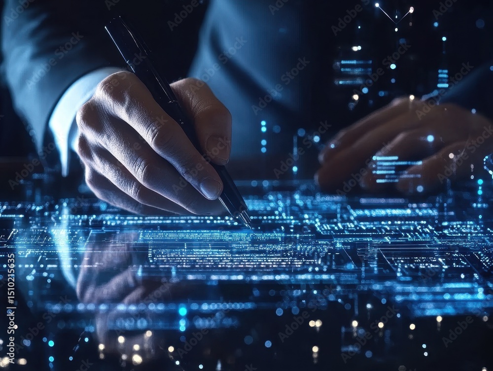 Poster digital signature: a close-up shot shows a professional in a suit diligently signing on a high-tech 