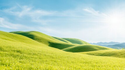 Sunny green rolling hills under clear blue sky with lush grass and distant mountains on a bright spring morning landscape