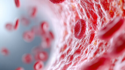Red blood cells flowing inside a human artery, highlighting vascular tissue and the dynamics of the circulatory system in microscopic detail