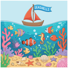 Fototapeta premium a scene of sea creatures,a ship,and seashells 26.eps
