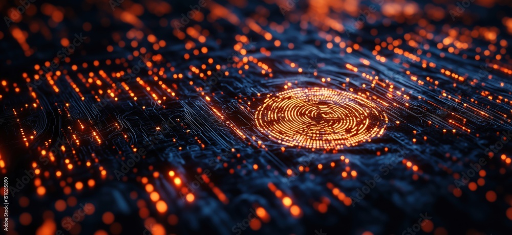 Aufkleber abstract digital circuit board with glowing orange dots and lines in a futuristic design