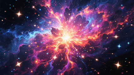 Fototapeta premium Glowing serotonin molecules bursting in the universe to create a smiling galaxy filled with vibrant euphoric tones