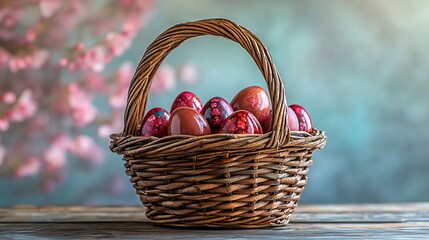 Colorful Easter Eggs in a Woven Basket Surrounded by Blossoms