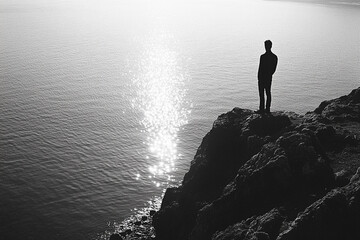 Man standing on a rocky shore