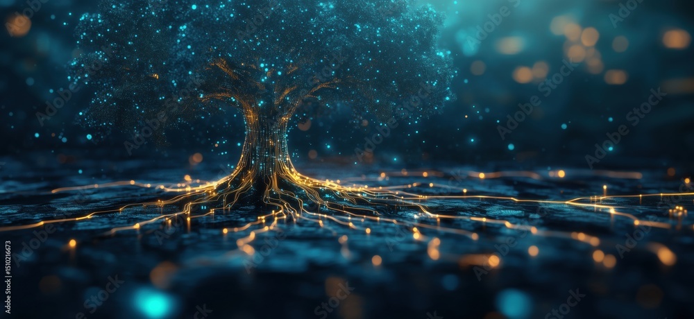 Poster digital tree with glowing roots and branches representing technology and nature fusion