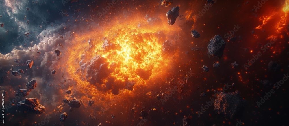 Poster explosive cosmic event in space with asteroids and fiery nebula