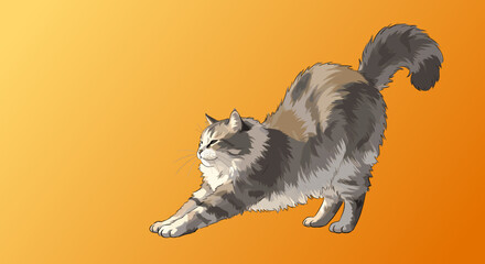 Stretching calico cat on an orange gradient background  