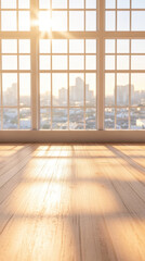 Fototapeta premium Sunlit modern cityscape view through large grid windows with empty hardwood floor and soft morning shadows in an urban high rise apartment interior