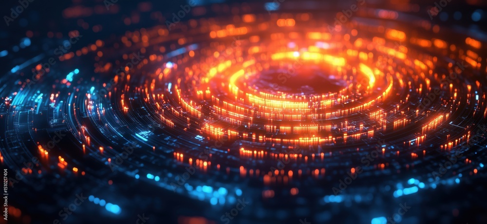 Poster abstract digital vortex with glowing orange and blue lights in circular pattern