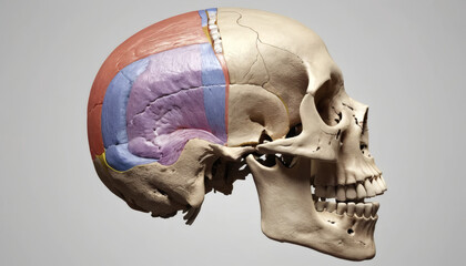 Anatomical Skull Model, Colored Regions, Side View, Medical Illustration.