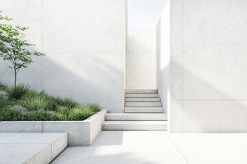 Minimalist Outdoor Oasis: Capturing a serene modern outdoor space with a blend of nature and architectural elegance, featuring clean lines, textures and a minimalist design. 