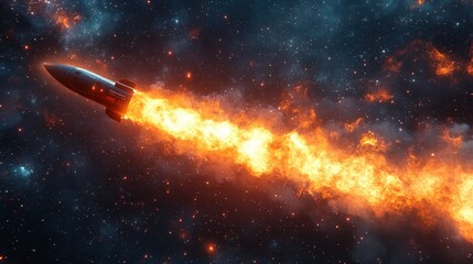 Rocket launch into starry night sky.  Fiery trail across cosmos