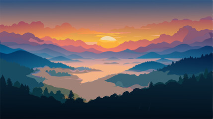 Sunrise over Misty Mountains Landscape Illustration