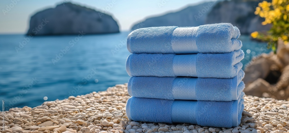 Poster stack of blue towels on pebbled beach with serene ocean view and cliffs