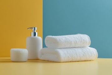 Spa Day Essentials: A pristine collection of fresh white towels, a soap and a sleek soap dispenser. Against a vibrant backdrop of yellow and blue, it symbolizes cleanliness and tranquility.