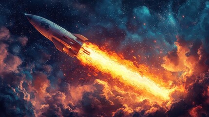 Rocket launching into starry night sky, fiery exhaust trail