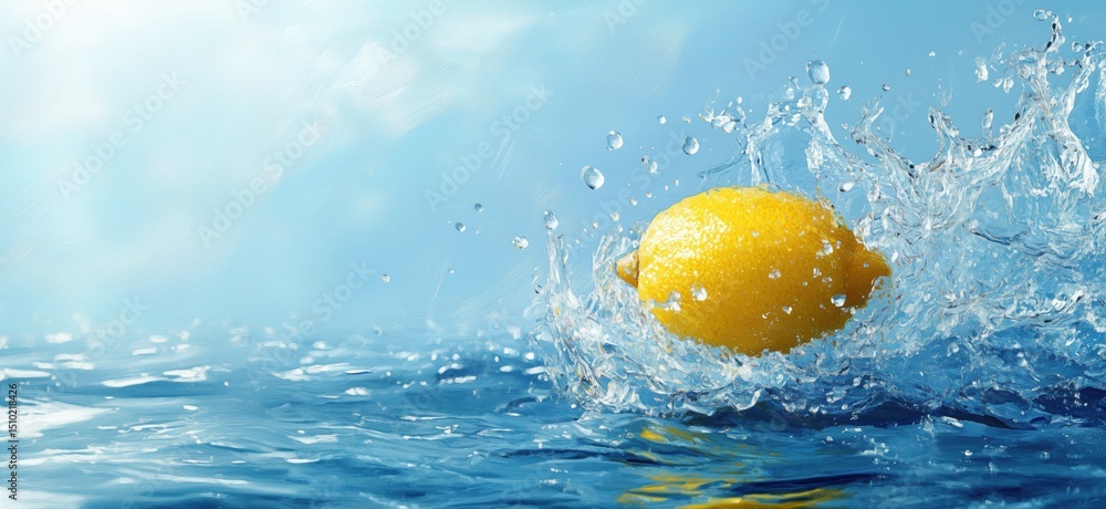 Poster fresh lemon splashing into clear water creating dynamic droplets and ripples