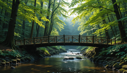Serene Wooden Bridge Over a Tranquil Forest Stream