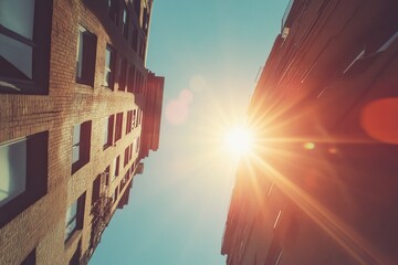 Urban Ascent: Looking up at imposing buildings, framed by a bright sky, bathed in sunlight. Capturing the vibrant urban life and structural grandeur.