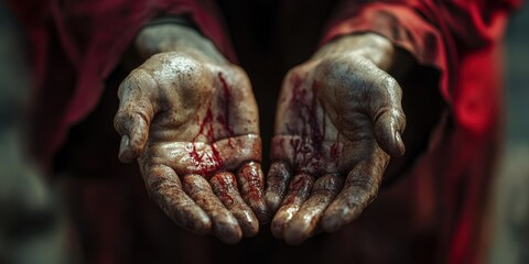 Crimson Palms: A close-up shot reveals weathered hands, stained with crimson, embodying a narrative of struggle, sacrifice, or profound experience. The imagery evokes a strong emotional response.