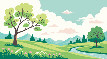 Obraz premium Spring Landscape: Green Hills, River, and Trees