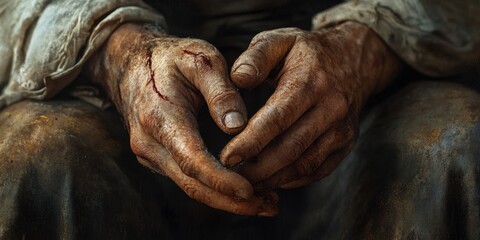 Weathered Hands: A close-up shot of a pair of calloused hands, bearing the marks of time and labor, clasped together in quiet contemplation. The image evokes a sense of resilience, hard work.