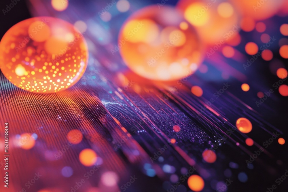 Poster glowing spheres on abstract surface: three vibrant glowing spheres rest on an abstract surface with 