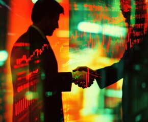 Deal Sealed: Two business professionals seal a strategic partnership with a handshake, against a backdrop of dynamic stock market data, illustrating collaboration and investment.