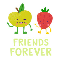 Adorable apple and strawberry friends poster. Doodle fruit characters banner.