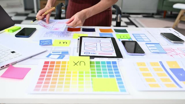 UX graphic designer planning application process development prototype wireframe for web smart phone.