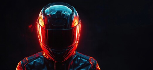 Futuristic motorcycle helmet with neon lighting against dark background