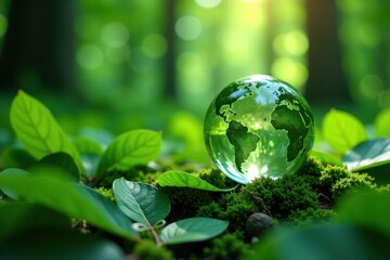 Glass globe sits among lush green leaves in a dense forest environment, forest interior, , leafy foliage