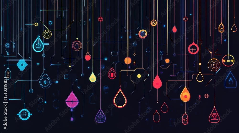 Aufkleber abstract data stream: a mesmerizing abstract artwork featuring vibrant, colorful droplets cascading 