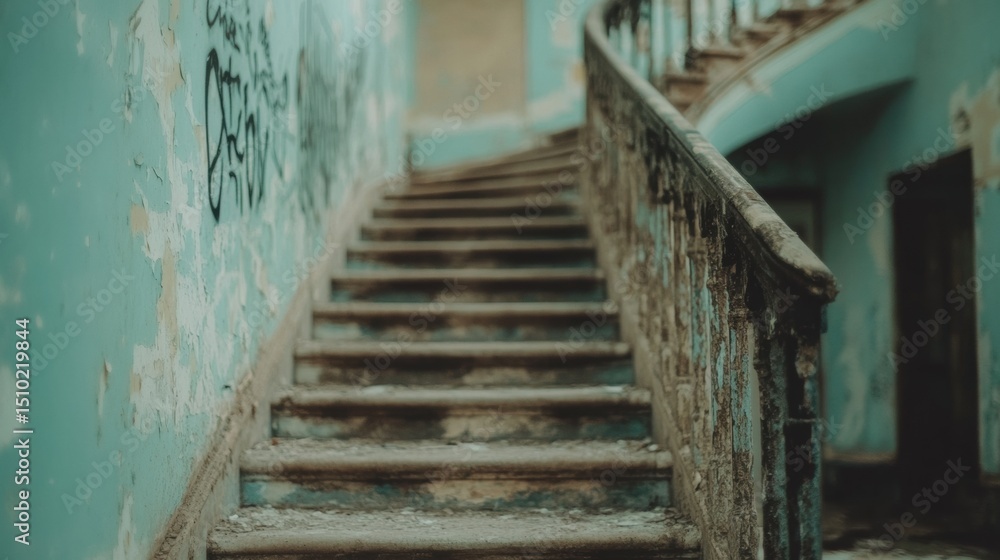 Poster exploring an abandoned staircase in a dilapidated building