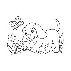 Adorable puppy in garden line art coloring page