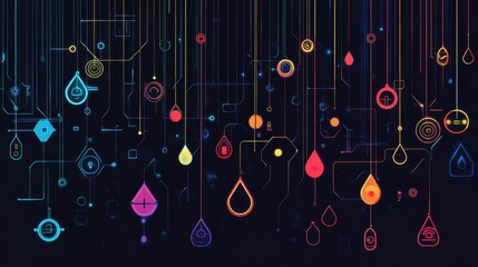 Abstract Data Stream: A mesmerizing abstract artwork featuring vibrant, colorful droplets cascading down interconnected lines, evoking a sense of digital flow and interconnectedness.