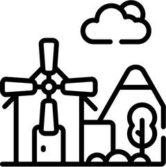 Mountains, Flowers, Trees, Landscape Waterfall, Lake, Forest, Windmill, Sunrise, Beach and Bridge line icon. Vector illustration. Editable stroke. stock illustration