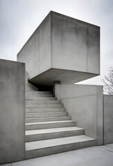 Obraz premium Modern concrete building with geometric design and large staircases. Ideal for themes related to architecture, urban development