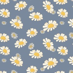 Obraz premium Seamless vector pattern with hand-drawn daisies on a muted blue background. Ideal for fabric, wallpaper, packaging, children’s products, stationery, wrapping paper, or seasonal floral design projects.