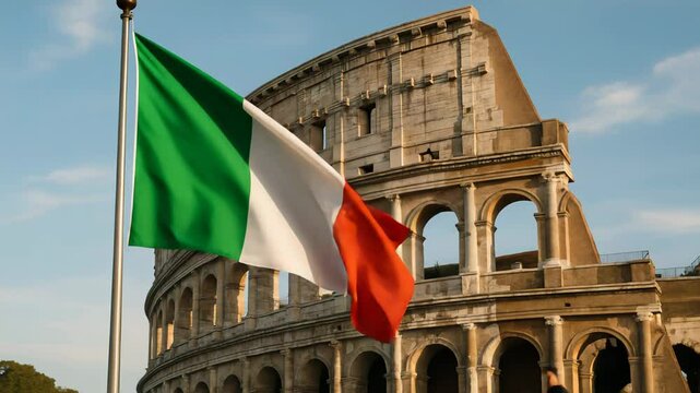 Majestic italian flag waving against iconic colosseum backdrop, symbolizing rich roman heritage and national pride under bright summer sky
