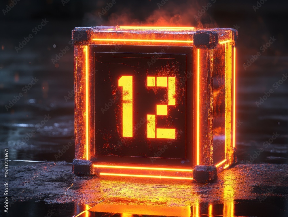 Poster fiery number twelve cube: a futuristic cube with glowing orange edges displays the number '12' in br
