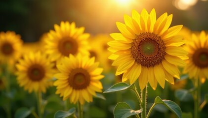 Obraz premium Golden glowing sunflowers standing in a field with sparkling lights around them, sunflowers, flowers, field