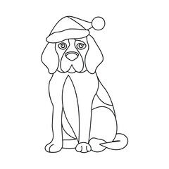 Adorable line art christmas dog wearing santa hat
