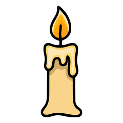 A vector illustration of a single, melting candle with a bright orange flame, perfect for Halloween or autumn designs, featuring a bold black outline and a warm color palette.