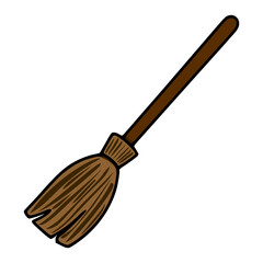 A vector illustration of a whimsical witchs broom with a brown wooden handle and textured bristles, perfect for Halloween designs or magical themed projects.