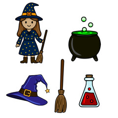Adorable vector illustration of a cute witch, her accessories, a cauldron with bubbling potion, and a flask with red liquid, perfect for Halloween designs.