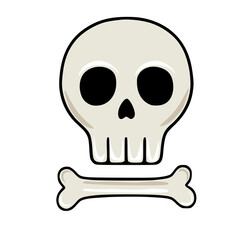 Cute cartoon vector illustration of a skull and crossbones, featuring a simplified, friendly design with bold outlines and muted color palette, ideal for Halloween or whimsical designs.