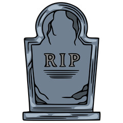 Hand-drawn vector illustration of a weathered grey tombstone with RIP inscription, featuring a unique arched top and detailed texture, ideal for Halloween designs.