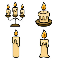 Set of four vector illustrations of burning candles: a candelabra with three candles and three single candles with dripping wax, perfect for Halloween or autumn designs.
